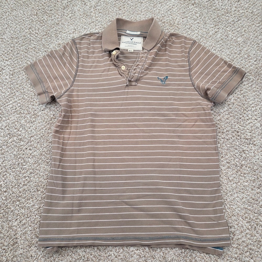 Mens American Eagle M Brown White Striped VTG Fit Short eeve Polo Shirt Logo